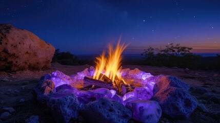 A close-up of a campfire with soft, lavender flames, the gentle light illuminating a circle of smooth, purple stones. The night sky above is crystal clear, filled with stars.