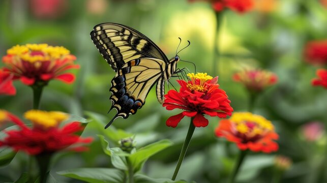A common yellow swallowtail butterfly in a patch of red zinnias, adding life to the summer garden.