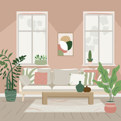 Cozy detailed boho style livingroom interior with a stylish combination of trendy earth tones. Sofa with pillows, plants, table. Modern interior design in Scandinavian Style. Vector illustration