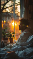 Fototapeta premium Awakening gently as dawn breaks, the person embraces the new day with refreshed vigor