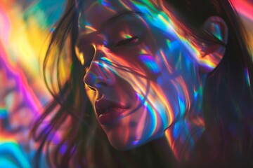 abstract colorful lights on a woman's face representing dreaming - obrazy, fototapety, plakaty