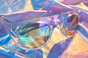 colorful futuristic sunglasses resting on a fabric background - obrazy, fototapety, plakaty