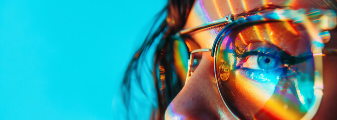 close up of woman wearing large sunglasses with a light blue sky background and copy space - obrazy, fototapety, plakaty