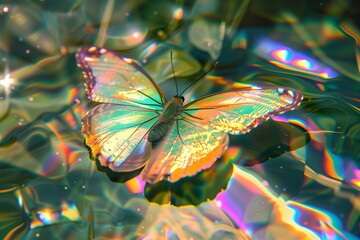 colorful iridescent butterfly on rainbow water background