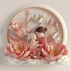 Craft an elegant 3D composition that celebrates the beauty of motherhood and personal development