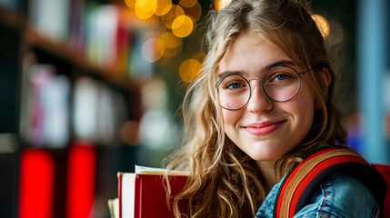 Young student girl in glasses, smiling sweetly with books in hand