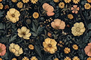 Floral textile wallpaper on a dark background