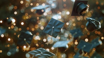 Black Graduation Caps Wide Background with Gold Tassel Bokeh Effect