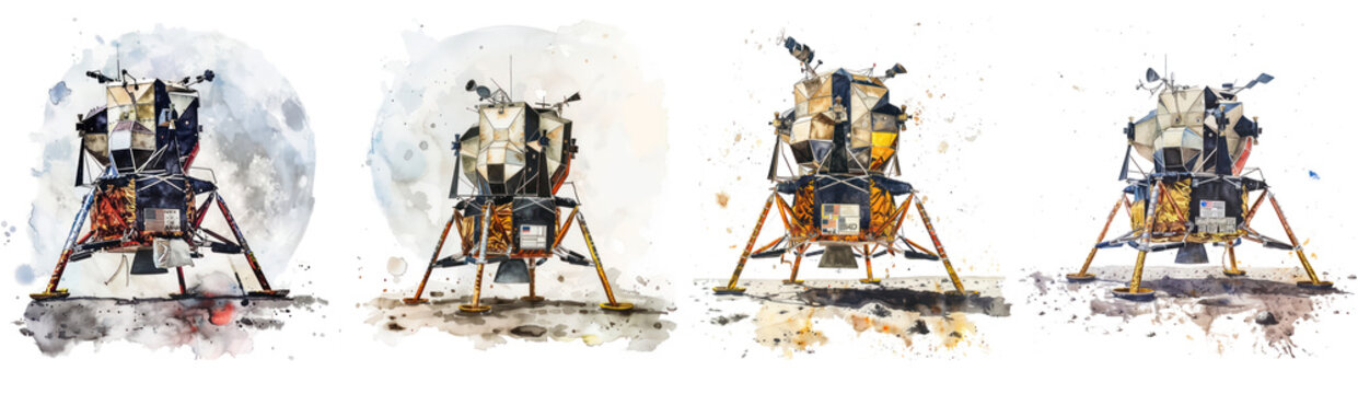 set of Watercolor illustration of a lunar module on the moons surface a historic landing