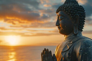 Buddha statue on the background of sunset on the sea - obrazy, fototapety, plakaty