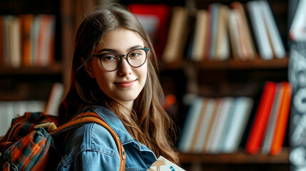 Young student girl in glasses, smiling sweetly with books in hand