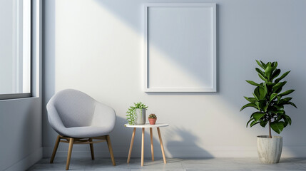 A modern and simple display featuring a white empty frame on the wall, a stylish chair, and a small table with a succulent.