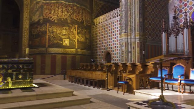 ALBI, FRANCE - MARCH 17 2018: interior of Cathedral of Albi. Cathedral Basilica of Saint Ceciliai, France and is seat of Catholic Archbishop of Albi. Fresco of Last Judgement of Flemish painters.