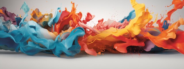 Transport yourself to a realm of imagination where vibrant hues dance in harmony, depicted through an enchanting 3D visualization of swirling paint splashes.