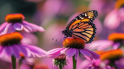A monarch butterfly delicately landing on a vibrant purple coneflower, its wings gently fluttering.