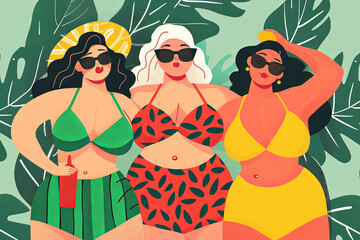 Three joyous, plus-size women radiate confidence in vibrant swimwear, celebrating body positivity amidst tropical foliage