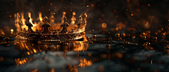 A golden crown gleams against a mysterious black canvas