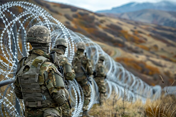 A group of soldiers stand behind barbed wire