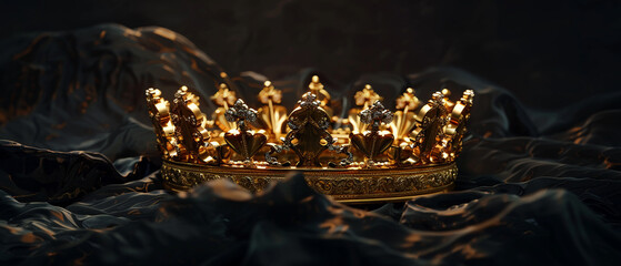 A golden crown gleams against a mysterious black canvas - obrazy, fototapety, plakaty