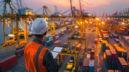A high-angle view captures the import and export manager overseeing operations at a bustling container port