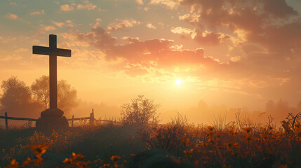 Against an autumn sunrise backdrop the silhouette of the Jesus Christ cross emerges - obrazy, fototapety, plakaty