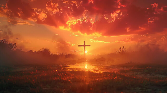 Against an autumn sunrise backdrop the silhouette of the Jesus Christ cross emerges