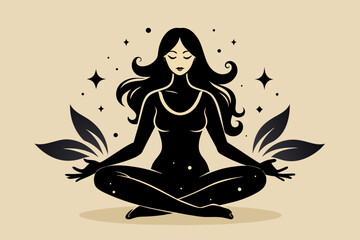 Fototapeta na wymiar Yoga girl silhouette with stars in lotus position isolated. Tattoo, sticker or print design vector illustration