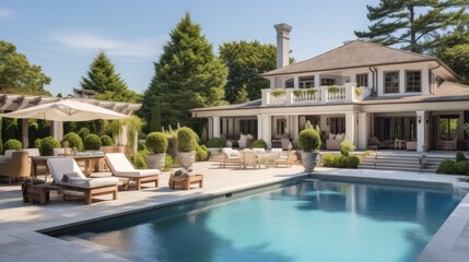 Fototapeta premium Mediterranean inspired villa with a sprawling garden and a private beach access in the exclusive Hamptons, New York