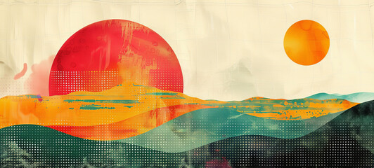 Minimalist print style collage poster, Abstract grunge backdrop, Retro futuristic graphic design style.