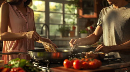 A man and a woman are preparing food together in a modern kitchen.
