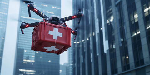 Drohne transportiert Rettungskoffer als erster Hilfe Koffer in der Zukunft, ai generativ - obrazy, fototapety, plakaty
