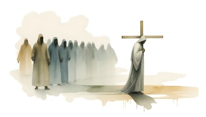 
Five
 robed figures, possibly monks, standing around a cross with a crucified figure, in a desert-like setting with sparse rocks on the ground