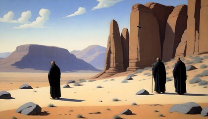 
Five
 robed figures, possibly monks, standing around a cross with a crucified figure, in a desert-like setting with sparse rocks on the ground - obrazy, fototapety, plakaty