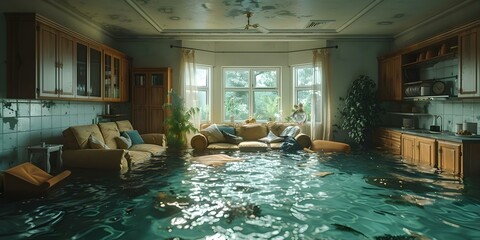 Obraz na płótnie Canvas 3D rendering of a flooded living room with kitchen furniture submerged in water during a disaster. Concept Disaster Simulation, Flooding Scenario, 3D Rendering, Interior Design, Emergency Response
