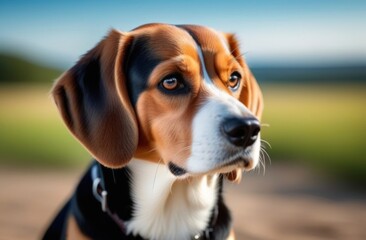 Beagle puppy with a noble posture lies quietly in the grass