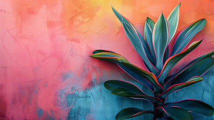 Agave plant leaves against a pastel rainbow colored background in the summer
