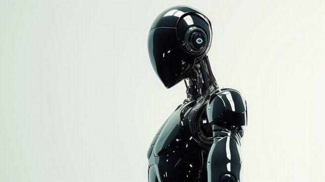 A sleek, humanoid robot with a glossy metallic finish standing against a stark white background, embodying the future of AI.