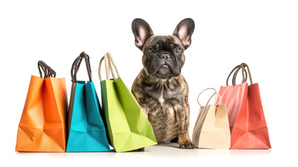 Cute dog sitting among many colorful packages. White background. Concept of selling, shopping, goods for animals