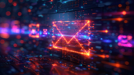 Obraz premium A side view of a secure web layout shows an email risk warning alert on an envelope icon, highlighting the significance of cybersecurity measures