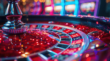 A spinning roulette wheel captivates with anticipation and chance, embodying the thrill and uncertainty of gambling.