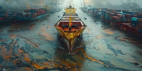 Global Economic Impact: A Flooded Shipping Port with Cargo Containers and Stranded Ships in Industrial Colors. Concept Global Economic Impact, Flooded Shipping Port, Cargo Containers, Stranded Ships