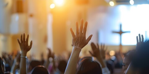 Raised Hands and Cross Focused Worship in a Christian Church Service. Concept Christian Worship, Cross Symbolism, Raised Hands, Church Service, Focused Prayers - obrazy, fototapety, plakaty