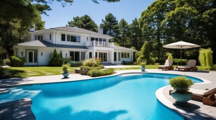 Fototapeta premium Mediterranean inspired villa with a sprawling garden and a private beach access in the exclusive Hamptons, New York