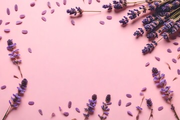 Top view of flat pastel pink background with dried lavender flowers, copy space. Generative AI professional photo imitation.