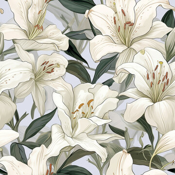 Classic White Lilies Artwork on Soft Grey Background, Seamless Pattern, Home Decor,  Greeting Card, Textile Design