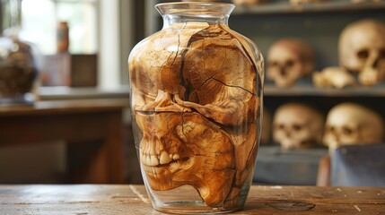 Skull enclosed in a glass jar on a laboratory shelf. Transparent container with a cranium preserved in formaldehyde. Concept of medical study, anatomical specimen, preservation, scientific display. - obrazy, fototapety, plakaty