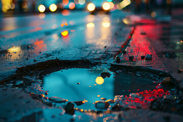 A puddle of water on a street with a reflection of a car in it