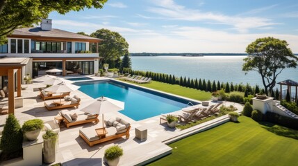 Obraz premium Mediterranean inspired villa with a sprawling garden and a private beach access in the exclusive Hamptons, New York