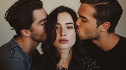 Caucasian brunette woman being kissed by men. Concept of love, affection, romantic relationships, love triangle, intimate moments, and emotional intimacy.