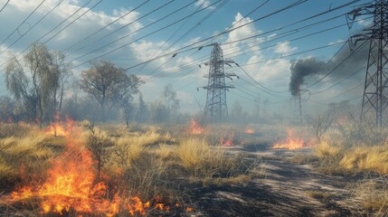 A wide shot of a park glade under power lines, with patches of grass catching fire and smoke billowing into the air. - obrazy, fototapety, plakaty